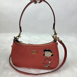 Coach X Peanuts Teri Shoulder Bag With Lucy CBM32 Leather/Bright Coral Multi NWT